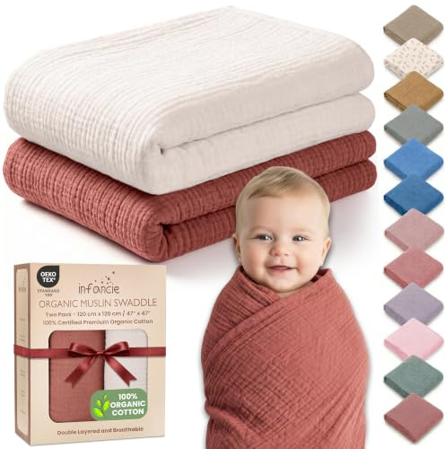 infancie Babydecke aus 100 % Bio-Baumwolle, Musselin, Unisex, 119 x 129 cm, 2 Stück | Oeko-TEX Zertifiziert Einschlagdecke Baby Mädchen Decken Puckdecken Rost/Elfenbein Unisex Design Atmungsaktives Gewebe
