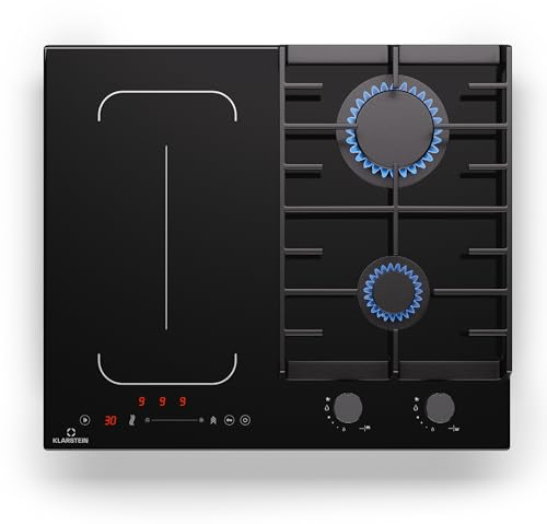 Klarstein MultiChef 4 Placa Mixta Gas Inducción - 4 Zonas (2 Gas, 2 Inducción), Flexzone, Control Deslizante, Stop&Go, Temporizador, 7Kw, Negro, 58.5Cm