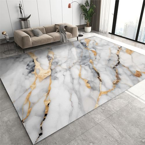 Teppich Mit Abstrakter Marmorstruktur, Luxus-Teppiche Aus WeißEr Jade Goldfolie, Trendiger Rutschfester Teppich, weicher Kurzflorteppich, geeignet für Kinder- und Schlafzimmer-80x150cm