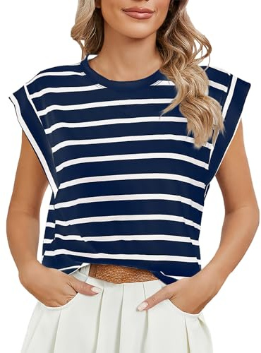 Blus damer randig blus damer kortärmad t-shirt damer sportiga kortärmade toppar tonåring flickor t-shirt damer sommar topp damer ledig topp långa toppar för damer tunika skjortblusar, marinblå, S