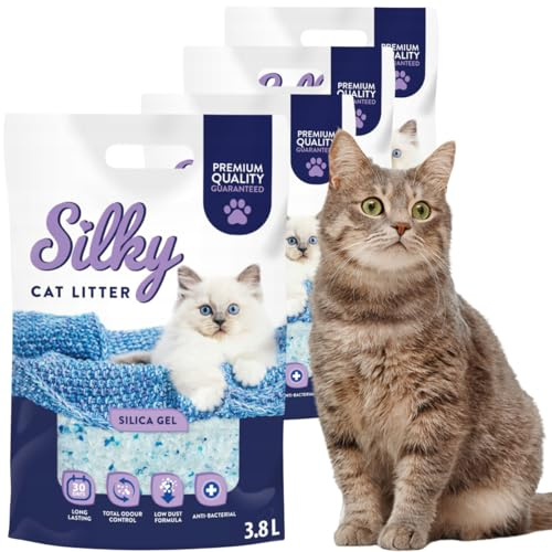 Silky Silikat Katzenstreu, Staubfrei Unparfümiert Kristall Silikatstreu, Geruchsneutral, Hohe Saugkraft, Antibakteriell | 15,2L - 4er-Pack