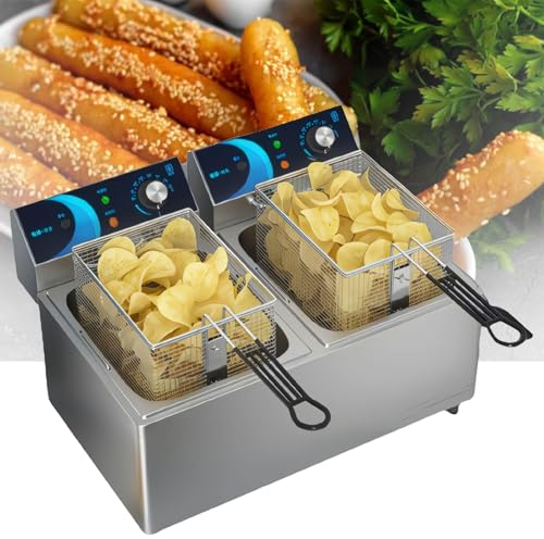 LFfwynog Freidora eléctrica, freidora Comercial de Doble Tanque, freidora de Aceite eléctrica de encimera de Acero Inoxidable Desmontable de Gran Capacidad con Control de Temperatura y sincronización
