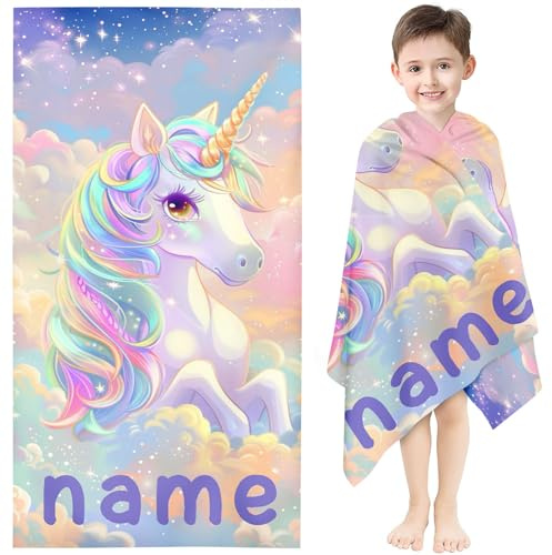 KIDSLOVE Personalisiert Einhorn Strandtuch mit Name Mikrofaser Badetuch Jungen 70x140cm | Weiches Mikrofaser-Material, saugstark & atmungsaktiv