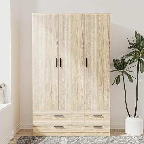 URBNLIVING Modern 3 Door 4 Drawer Wardrobe with Hanging Rail, Bedroom Furniture, Storage Shelf Clothes Organiser Stylish Design, Ample Storage Solution (Oak)