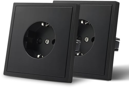 MVAVA Schuko Steckdose EU-Standard, 1 Fach Unterputz Steckdose, Einfache Installation, 80mm × 80mm Steckdosen, 3-Draht Erforderlich, Schwarz, 2 Pack