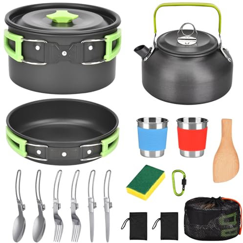 Zoutpy Set di stoviglie da campeggio, 17 pezzi, set di pentole da campeggio, per escursioni, trekking, picnic, pesca, alpinismo (da 2 a 3 persone)