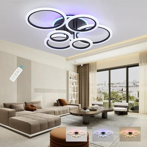 ZAITINZ LED Deckenleuchte 70W Schwarz,6-Ringe Deckenlampe dimmbar | Schwarz Moderne Wohnzimmerlampe 70×55cm mit 3-farbiges Hintergrundlicht,3000-6000K Memory für Küche Flur Schlafzimmer