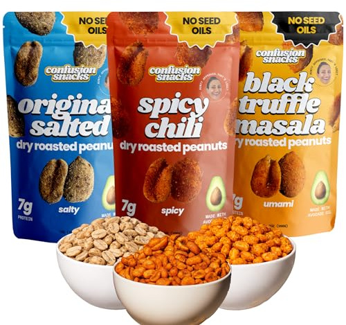 Confusion Snacks Avocado Oil South Asian Spiced Peanuts Flavored Variety Pack - Gluten Free and Seed Oil Free | Spicy, Savory & Salty Nuts, 7 oz (Pack of 3) | Non-GMO, High Protein, Keto Snacks for Healthy Snacking