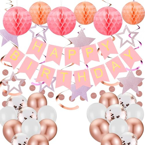 Rose Gold Party Decorations Bunting Set, Large Happy Birthday Banner with Hanging Swirls Stars, Balloons, Honeycomb Balls, Circle Dots Garland for Women Girls