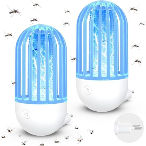 Elektrische Fliegenfalle Innenbereich Plug in 2 Stück Mückenfalle 2100V mit LED-Licht Schweigend Insektenvernichter Akku für Innen, Außen, Küche, Garten, Camping