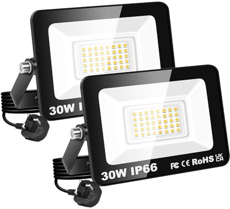 RIGIDON 2X Outdoor Flood led Work Light 30W 3000lm floodlight Warm White | with plug, 3000K, security lights, for garden yard lawn basketball football court patio landscape garage, IP66 waterproof