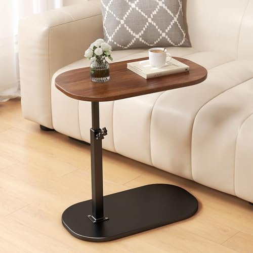 Table d'appoint en Forme de c Hauteur réglable, 360 ° Pivotante Ordinateur Portable stand pour canapé/LIT, Bois Petite Table Basse pour Salon Balcon Chambre, Design léger,Facile à Monter (Walnut)
