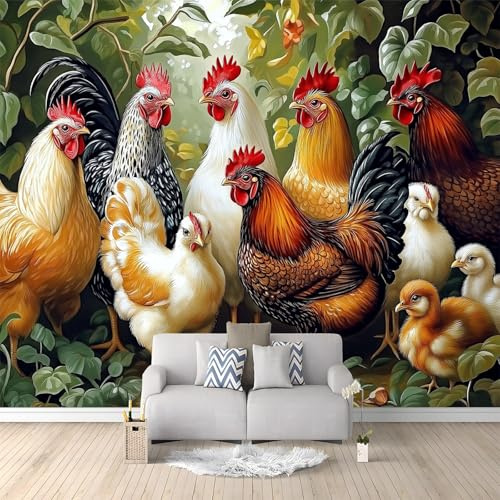 Wandbild 200 x 140 cm, Land Bauernhof Huhn, Fröhliche Motivtapete für kleine Spielzimmer und Akzentwand, Bunt