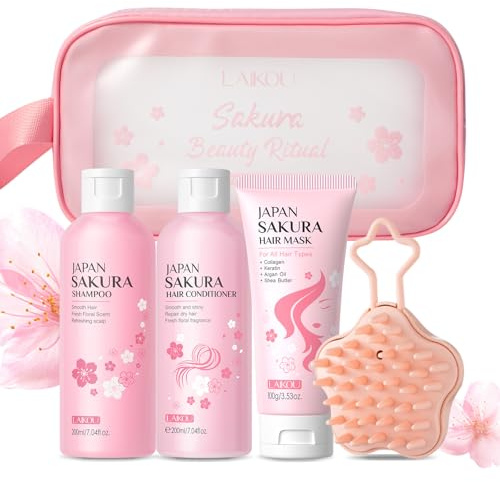 LAIKOU Sakura Coffret Soin Capillaire Femme, avec Shampoing et Après-Shampoing, Masque Capillaire, Brosse Massage Cuir Chevelu, Trousse de Toilette, pour Cheveux Abîmés Stressés (Trousse de toilette)