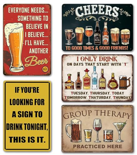 Retro Bar Signs for Home Bar 5 pack Metal Signs Beer Cheers Plaque Soft Aluminum Pubs Sign Man Cave Signs Pub Wall Art Metal Sign Retro Club Art Decor