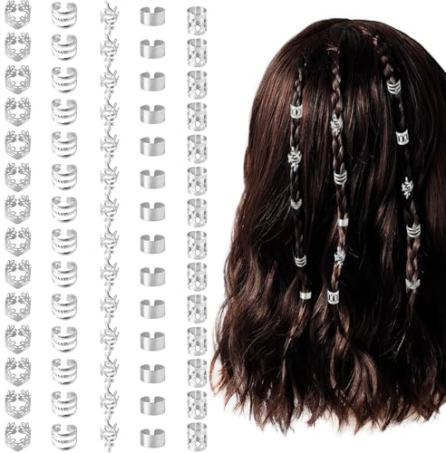 80 Stück Gold Haarschmuck für Zöpfe, Haarriegel, Loc-Schmuck für Haare, Dreadlock-Zubehör, Haaraccessoires, verstellbare Haarringe, Dekorationen für Frauen und Mädchen (Silber)