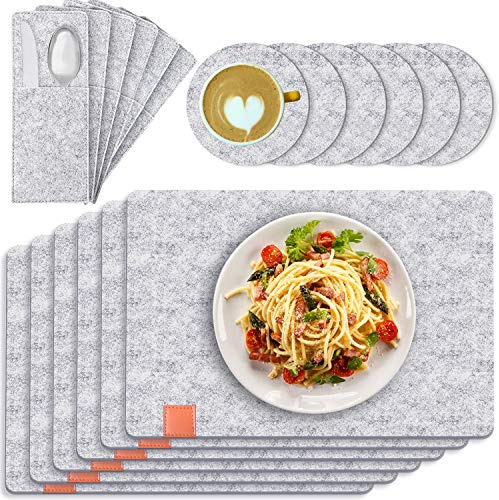 Jubor Filz Tischset Platzsets, 18er Abwaschbares Platzsets Platzdeckchen mit Untersetzer und Bestecktaschen für Zuhause Party Restaurant, Hellgrau