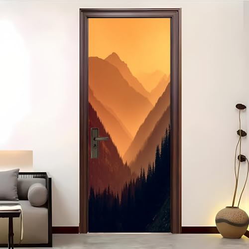 Türtapete Selbstklebend Wald Sonnenuntergang Berge 3D Türaufkleber 77x200 cmGelb Türfolie PVC Wasserdich Fototapete für Wohnzimmer Schlafzimmer Küche und Bad Tür