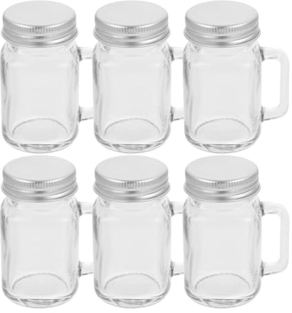HOMSFOU 6pcs Portable Glass Jam Jars with Lids and Handles, Multifunctional Glass Drink Containers, Simple and Elegant Design for Travel and Outdoor Activities