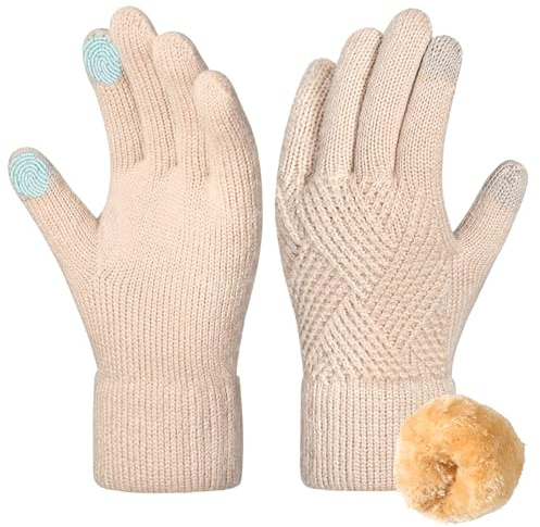 Srvak Damen Winterhandschuhe, Touchscreen Handschuhe mit Fleecefutter, Warm Strickhandschuhe (Beige)