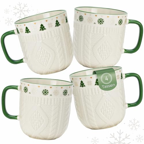 Lot de 4 tasses à café blanches avec anse verte – Tasses de Noël avec motif tricoté en porcelaine, 345 ml