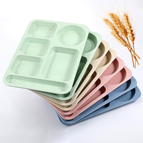 AOZUO 8 Pack Unbreakable Divided Food Plates, 14 Inch Wheat Straw Tray, 5 Compartment Fast Food Tray, Large Portion Control Plate for Adults, Microwave & Dishwasher Safe, Multicolor