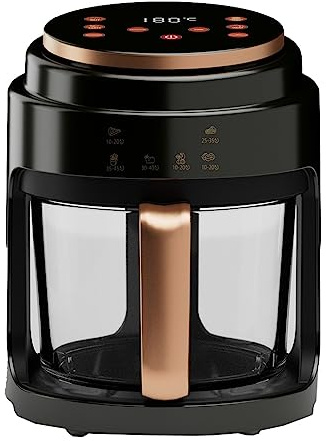 Freidora de aire para una cocción saludable sin aceite con cesta de cristal y controles digitales, fácil visualización y ajustes preestablecidos para uso doméstico.