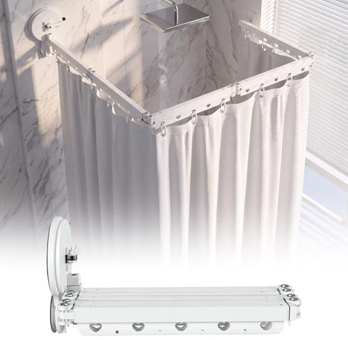 Duschvorhangstange Ohne Bohren, 2M Faltbare Duschstange mit 2 Starker Saugnäpfen, L/U Form Zusammenklappbar, Aluminium Duschstange für Badezimmer, Badewanne & Wäscheständer (Ohne Duschvorhang)