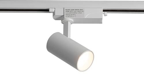 Alpinaluz Foco LED para Carril Monofásico 20W 2000lm CCT Seleccionable 2700K-4000K-6000K Orientable Blanco Mate con Ángulo de Apertura de 40° para Iluminación Comercial y Residencial