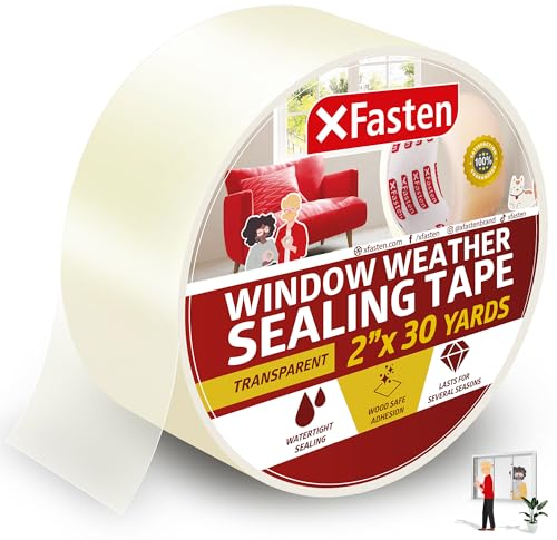 XFasten Nastro sigillante per finestre trasparente, 2 pollici x 30 yarde (50.8mm x 27.43m, nastro trasparente per pellicola isolante per finestre, nessun residuo