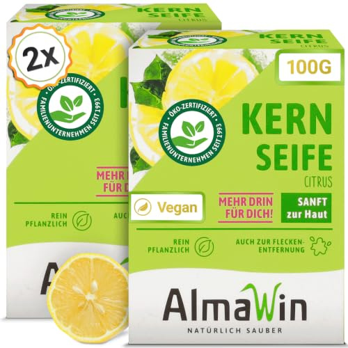 AlmaWin® Kernseife mit zartem Zitronenduft [2x 100g] - Stückseife für sanfte Hautreinigung - Vegane Seife Bio für gründliche Reinigung in Haushalt & Werkstatt - Kernseife Zitrone, Seife