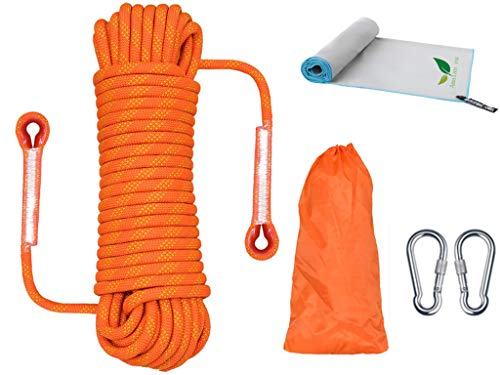 Cuerda Multifuncional para Exteriores+Toalla De Secado RáPido,Longitud 10m(D10 Mm),Nailon,Con2mosquetóN,Capacidad Carga1200kg, Rescate,MontañIsmo,Escalada En Roca,Camping-Naranja