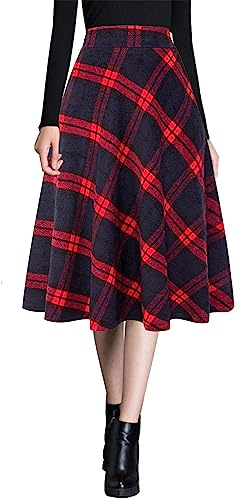 Ylingjun Faldas midi de lana cálida para mujer, para invierno y otoño, cintura elástica alta, acampanadas, faldas de lana, Rojo, L