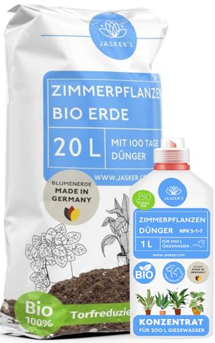 Blumenerde Zimmerpflanzen-Erde 20 L + 1 L Dünger-Zimmerpflanzen - 100% natürliche Rohstoffe - Für Blüh- & Grünpflanzen - Pflanzendünger Zimmerpflanzen - Lockere Erde für Pflanzen mit Dünger