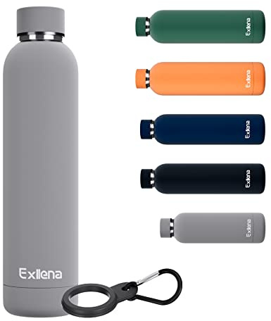 Exllena Insulated Water Bottles 750ml with Clip, Double Wall Vacuum Drinks Bottle Keeps Drinks Cold 24 Hrs/Hot 12 Hrs, Stainless Steel Water Bottle BPA Free(Grey)