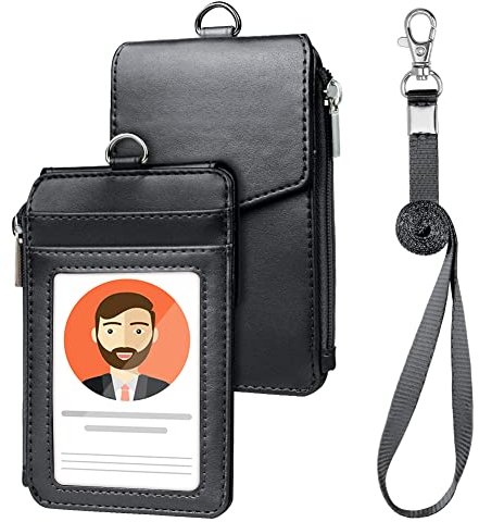 OFFCUP Ausweishülle, PU Leder ID Card Holder, Kartenhülle mit Schlüsselband Ausziehbar Ausweishülle, mit 1 Transparente ID Fenster eine Reißverschlussschicht und 4 Kartenfächern(Schwarz)