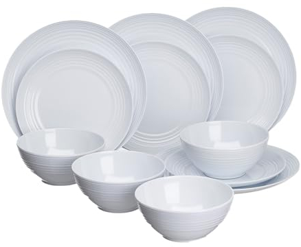 FLAMEFIELD Non-Slip Cool White 12-Piece Melamine Set - Durable & Dishwasher Safe, Perfect for Elegant Indoor & Outdoor Dining, Authentic Ceramic Feel, Safe & Stable for Every Occasion