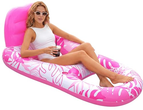 SLOOSH Pool Lounge Float Adult, Inflatable Pool Floats Lounger Raft Floaties Water Floating Recliner Chair with Cup Holders Foot Rest Swimming Floaty, Pink