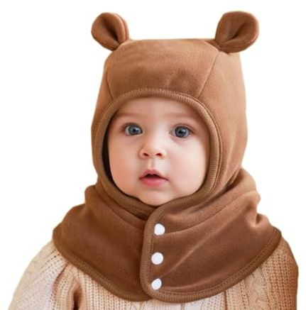 FUYAO Vinter varm mössa för småbarn, flickor, halsduk, baby, fleece, öronlapp, mössor, huva med dubbel pompom, vindtät balaklava, skidmössa för 1-5 år gamla barn, Stil 2 kaffe, one size