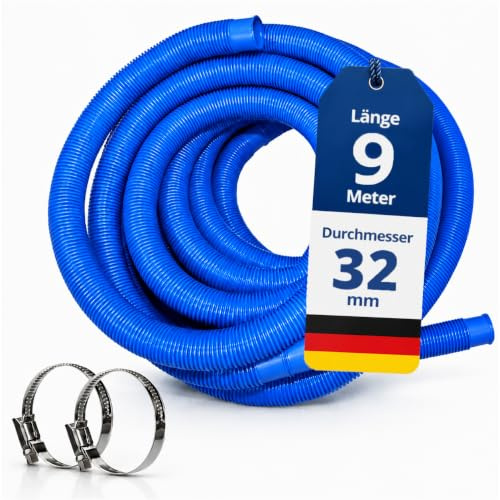 HAF® Högkvalitativ poolslang 32 mm blå 9 m för trädgård och pool | Solslang inkl. 2 x slangklämmor i rostfritt stål, poolslang, pumpslang – kvalitet: Tillverkad i Tyskland