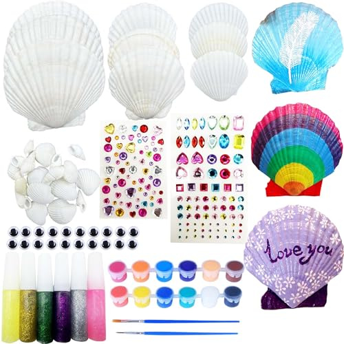 Allazone 58 Pz Kit D'arte e Artigianato, Kit Pittura di Conchiglie Creativo Mestieri, Giocattolo per Dipingere Conchiglie Giocattoli per Attività di Bricolage o Decorazione Della Casa