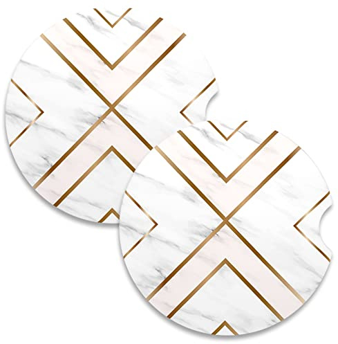 Vibiliyou Un paquete de 2 posavasos de cerámica absorbentes para portavasos de coche, diseñados con una línea de oro blanco, una muesca de dedo y base de corcho, sirve como bonitos accesorios de coche