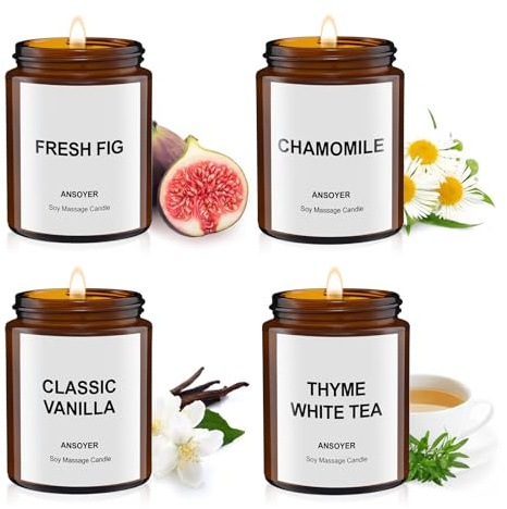 4-pack massageljus för kroppsoljor och krämer – 512 g i presentförpackning (Färska Fikon+Kamomill+ Klassisk Vanilj+ Vit Te & Timjan)