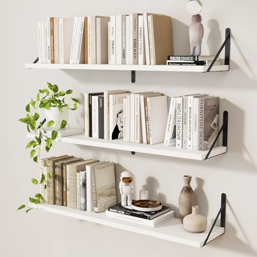 Feihorrm Set of 3 Book Shelf, White Shelves, 90cm Wall Shelves | Wooden Shelves, Shelves for Wall, Wall Mounted Shelves, Bookshelf for Bedroom, Living Room, Home Office & Book Storage