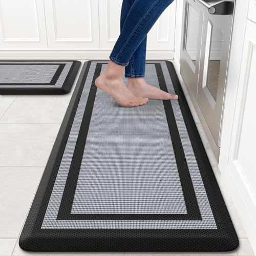 KitchenClouds [2 PCS] Kitchen Rugs Cushioned Anti-Fatigue Kitchen Mats for Floor Waterproof Kitchen Rug Set Non-Slip Comfort Standing Mat for Office, Sink, Laundry 17.3×29+17.3×47,Black