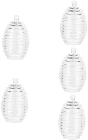 Cabilock 5 Ensembles Pot à Miel Transparent avec Touillette Distributeur de Sirop et Pot de Stockage pour Cuisine Récipient Alimentaire Odeurs pour Miel et Boissons