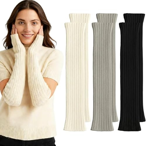 PjuQow 3 Paar Armstulpen Damen, Handstulpen Damen, Pulswärmer Damen, Pulswärmer, Weiche Strickmaterial, Langarm Fäustlinge für Herbst Winter (Schwarz, Hellgrau, Weiß)