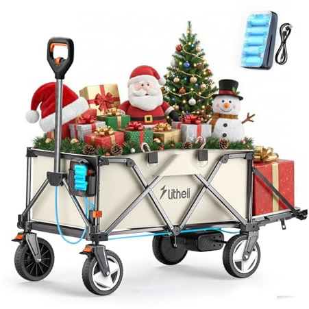 Litheli Elektrowagen Bollerwagen faltbar, Handwagen faltbar mit Motor & Bremsen, 200L 60KG geeignet für Camping, Garten, Strand, Einkaufen (Beige, W1 Pro-Neu)