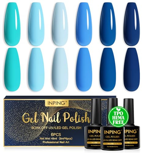 INPING Gel Nail Polish TPO-FREE Blue 6 Colors UV LED Nail Varnish 8ML | Spring Summer Winter Classic Popular Glitter Nail Varnish Kit Nail Polishes for Women DIY Manicure Gift