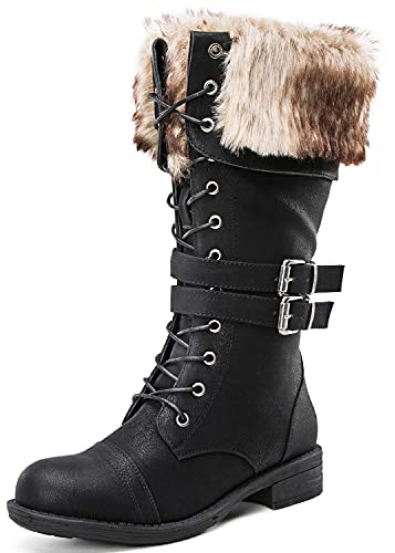GLOBALWIN Women's Mid Calf To Knee High Boots Dressy Lace Up Black Combat Boots for Women Low Heel Size 8M